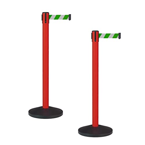 Montour Line MS630 Set of 2 Retractable Belt Barrier Stanchion, Sloped Base, Red Post (7.5 ft Green and White Diagonal Belt) - color: Green and white diagonal, size: 7.5 ft