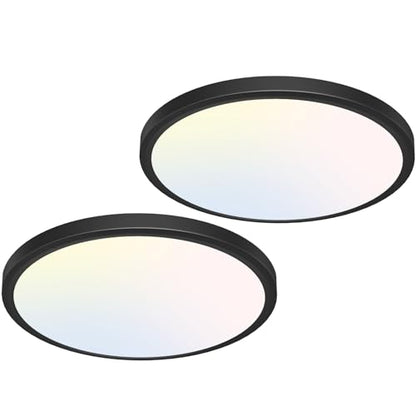 libtit 12 inch Flush Mount LED Ceiling Light Fixture, 3000K 4000K 6500K Adjustable, 28W 3200lm Black Round Lighting Fixtures for Bathroom Shower Hallway Kitchen, 2 Pack - color: Black, size: 12in-2Pack