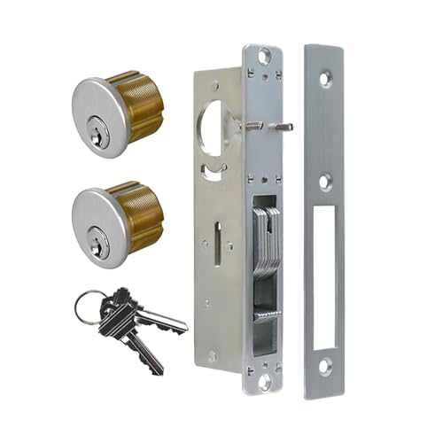Commercial Mortise Door Lock with Double Cylinder, 1-1/8" Backset Storefront Door Hook Bolt Lock, Solid Brass Cylinder, Direct Replacement for Aluminum Narrow Stile Doors (Silver) - color: Silver, size: 1-1/8"Hook Deadbolt,Double Cylinder