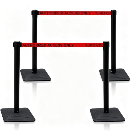 4-Pack Crowd Control Stanchions, Heavy Duty Stanchion Set - color: Red-AUTHORIZED ACCESS ONLY