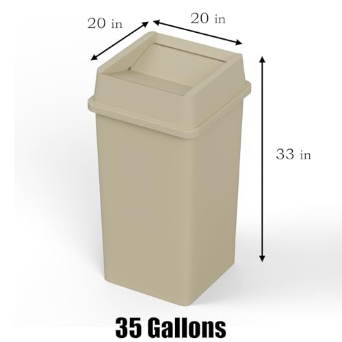 35 Gallon Beige Square Commercial Trash | Garbage Can with Lid - Office, Outdoor, Restaurant, School, Kitchen