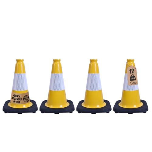 4-Pack 12" Yellow Traffic Cones - Reflective Safety - color: Yellow, size: 12inch