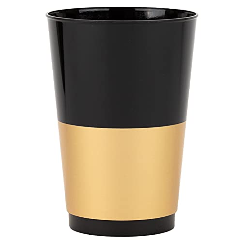 PLASTICPRO Disposable 12 oz Black Plastic Tumblers With Gold Band for Party's & Weddings pack of 40 - color: Black With Gold Band
