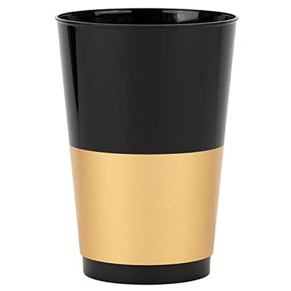 PLASTICPRO Disposable 12 oz Black Plastic Tumblers With Gold Band for Party's & Weddings pack of 40 - color: Black With Gold Band