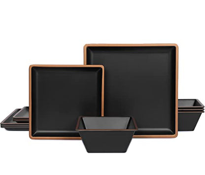 Melamine Dinnerware Sets Service for 4, Square Dinner Plates and Bowls Set - color: Metallic bronzed edge
