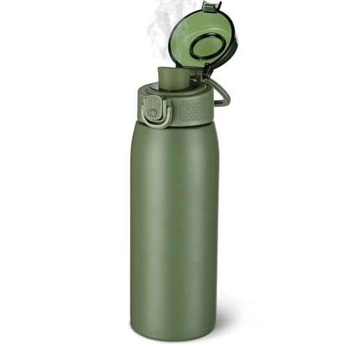 Insulated Water Bottle 18 oz with Dustproof Lid, Carry Handle & Tea Infuser, BPA-Free & Leakproof, Stainless Steel Water Bottles Ideal for Fitness, Hiking, Office & Outdoor Use （Olive Green ） - color: Olive Green, size: 18 Ounces