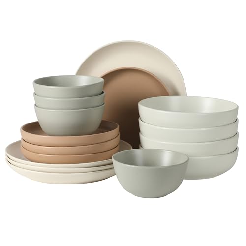 Gibson Elite Leeds Court Plates and Bowls Sets, 16-Piece Stoneware Dinnerware Sets, Assorted Colors, Round Speckle Reactive Glaze Dish Set - color: Assorted Colors (Leeds Court)