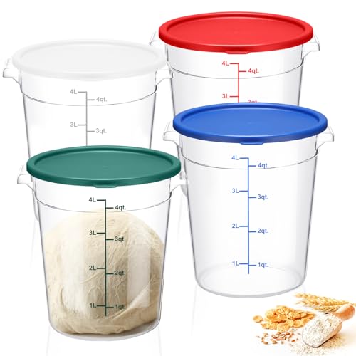 Suclain 4 Pcs 4 Qt Food Storage Container Bucket with Lids Clear Proofing Containers for Dough Rise Bread with Scale Handle Round Flour Commercial Storage Bucket for Home Restaurant Food(Multicolor) - color: Multicolor