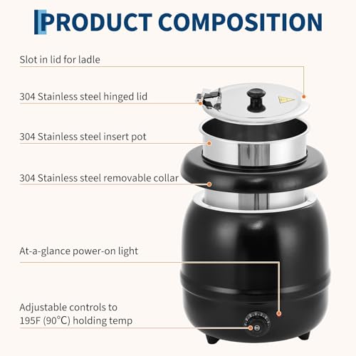 Commercial Electric Soup Kettle – 10.5QT Capacity, Stainless Steel Removable Insert, Hinged Lid, Adjustable Temperature, Anti-Scald Handle – Portable Food Warmer for Restaurant, Catering, - size: 10.5 Qt