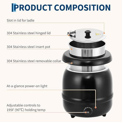 Commercial Electric Soup Kettle – 10.5QT Capacity, Stainless Steel Removable Insert, Hinged Lid, Adjustable Temperature, Anti-Scald Handle – Portable Food Warmer for Restaurant, Catering, - size: 10.5 Qt