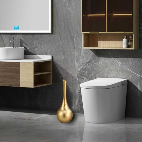 Hideaway Toilet Brush Set, Hammered Gold | Small Bathroom Space-Saver | Anti-Splash Shield & 360° Deep Clean | Housewarming Gift for Homeowners | Rust-Proof ABS Modern Bath Accessories - color: Gold