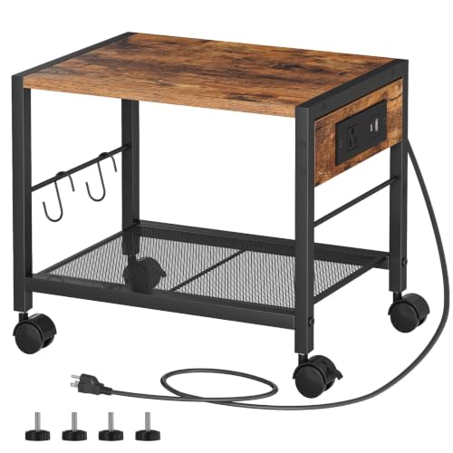 HOOBRO Industrial Printer Stand, 2-Tier Mobile Printer Table, Rolling Cart with Power Outlets and USB Ports, Home Printer Stand with 2 Hooks, for Office, Living Room, Rustic Brown BF32UPS01 - color: Rustic Brown + Black, size: 16.5'' x 11'' x 13.8''