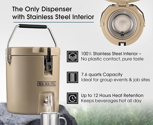 Insulated Beverage Dispenser for Hot Drinks - Hot Cocoa and Coffee - 2 Gallon with Stainless Steel Interior- Portable Sports Drink Dispenser for Camping, Outdoor Events, Parties, & More - Blue
