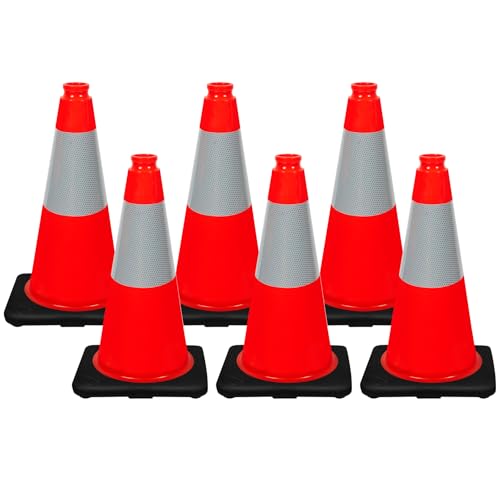 (Set of 6) CJ Safety 18" Black Base Orange PVC Traffic Safety Cones with 6' Reflective Collar (6 Cones) - size: 6 Cones