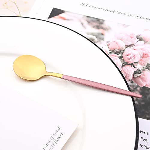 Mirror Cutlery Serving Set, 24-piece 18/0 Stainless Steel Silverware With Pink Handle Simple & Modern Tableware For Home Party Restaurant Christmas Dinner, Service For 6 (Pink Gold) - color: Pink gold