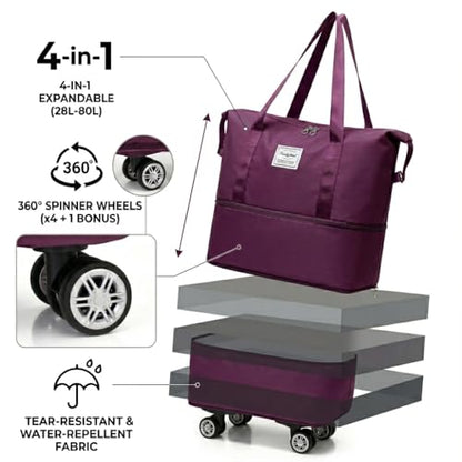4-in-1 Expandable Rolling Duffel Bag with Detachable Wheels, 28L-80L Collapsible Luggage with Bonus Spare Wheel, Foldable Travel Trolley for Carry-On, Weekend, Shopping & Moving, Deep Purple - color: Deep Purple