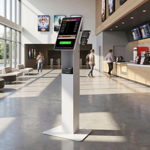 Mount-It! POS Kiosk Floor Stand for Monitors, Fits 15–22" Screens up to 22 lbs, VESA 75x75 & 100x100, 30° Tilt, Printer Bay & Payment Terminal Bracket, Self-Service Check-in Kiosk Stand, White