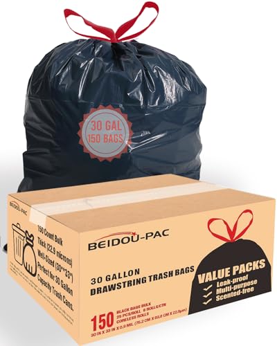BEIDOU-PAC 30 Gallon Trash Bags Drawstring, 150 Count Bulk, Black | Unscented | Heavy Duty Multi-purpose Garbage Bags Can Liners for Business Home Kitchen Commercial and Industrial - style: 30 Gallon |150 Count(Value Pack)