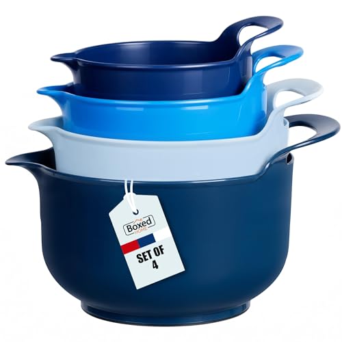 BoxedHome 4 Pack Nesting Mixing Bowls with Pour Spout and Handle, Plastic Large Mixing bowl BPA free Microwave & Dishwasher Safe(Blue, 4 Pack with Handle) - color: Blue