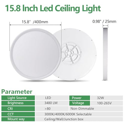 15.8Inch 2PK White LED Flush Mount Ceiling Light,32W,3480LM,3CCT Selectable - color: White, size: 15.8" 2PK
