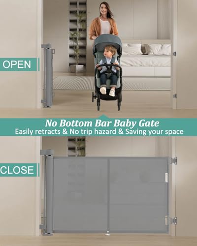 Miumoon 50 inch Reinforced Retractable Baby Gates 34 inch Tall - color: Gray, size: 34" Tall x 50" Wide