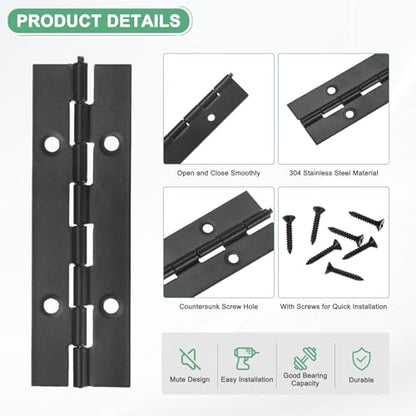 M METERXITY 6-Pack Piano Hinges, 4 Inch / 100mm 304 Stainless Steel Continuous Piano Hinge with Holes and Screws for Cabinets Door/Storage Box [1.2X 0.04/ 30x 1mm Open Width Thick, Black] - size: 4 Inch