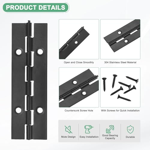 M METERXITY 6-Pack Piano Hinges, 4 Inch / 100mm 304 Stainless Steel Continuous Piano Hinge with Holes and Screws for Cabinets Door/Storage Box [1.2X 0.04/ 30x 1mm Open Width Thick, Black] - size: 4 Inch