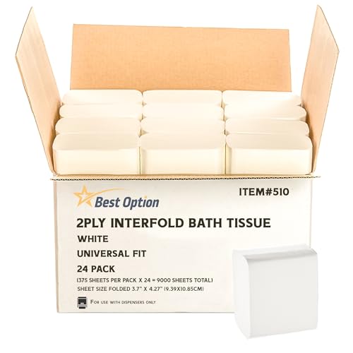 Soft 2-Ply Interfold Bath and Facial Tissue, White, Unscented 24 Pack (375 Sheets/Pack), For Dispenser Use, Hygienic Single Pull Toilet Paper (9000 Tissues, Bulk Box of 24-Packs)