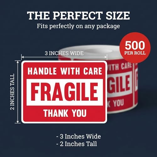 3” X 2” Fragile Handle with Care Warning Stickers, Fragile Tape for Packing and Shipping, Permanent Adhesive Labels 500 Per Roll (1 Pack)