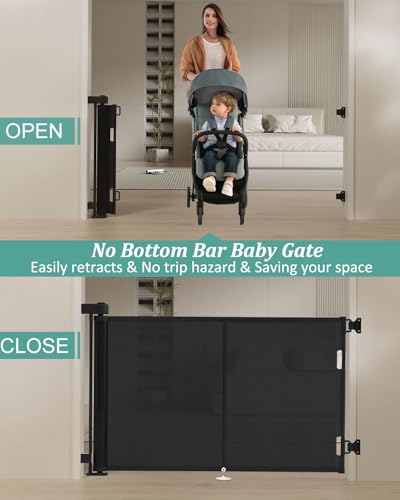 Miumoon 50 inch Reinforced Retractable Baby Gates 34 inch Tall - color: Black, size: 34" Tall x 50" Wide