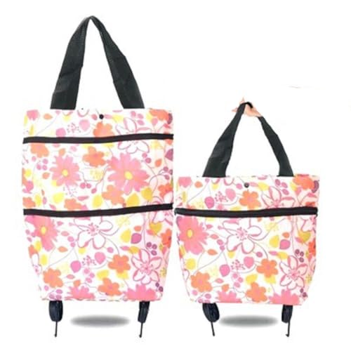 Foldable Wheeled Grocery Bag - Water-Resistant Rolling Tote - color: Pink Flower