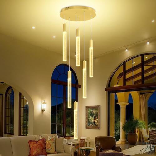 Luxury 6 Light Modern Crystal Pendant Light - 71" High Ceiling Gold LED Dimmable Pendant Light for Bedside Island Kitchen Living Room - color: Gold, size: 6-Light