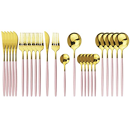 JASHII Flatware Serving Set 24 Piece, Stainless Steel Silverware Set, Pink Gold Cutlery Set, Modern Elegant Tableware Set for Party, Christmas, Dinner (Pink Gold) - color: Pink Gold