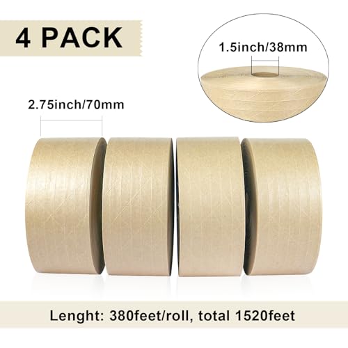 BOMEI PACK Reinforced Kraft Paper Packing Tape, 4 Pack 2.75 inch x 380 ft, Water Activated Gummed Kraft Tape for Heavy Duty Secure Packing, Shipping and Moving - size: 4Rolls (2.75in x 380feet)