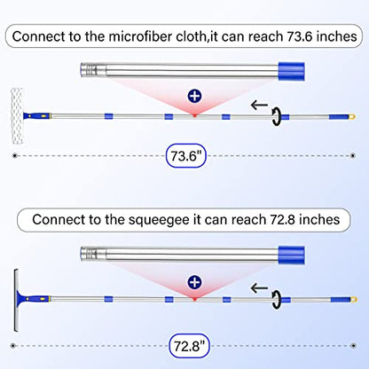 ITTAR Window Squeegee with 2 Sets Separate Pole, 12" Rubber Squeegee and 11" Microfiber Pads, 60"-73.6" Telescopic Window Cleaning Kit with Rotating Head for High Windows, Shower Glass, Car Windshield - color: White&blue