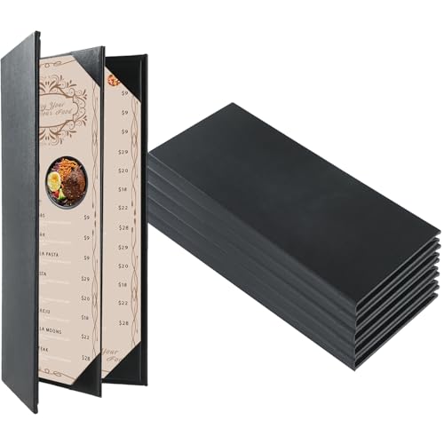 Restaurant Menu Covers Holders 4.25" x 11" | Pack of 5 Synthetic Leather Triple Fold Panels 4 View Angled Corners Black for Wine List, Drinks (5, Triple Fold Panels 4 View (4.25 x 11 inch)) - size: 3 Page 4 View
