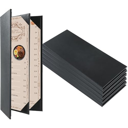 Restaurant Menu Covers Holders 4.25" x 11" | Pack of 5 Synthetic Leather Triple Fold Panels 4 View Angled Corners Black for Wine List, Drinks (5, Triple Fold Panels 4 View (4.25 x 11 inch)) - size: 3 Page 4 View