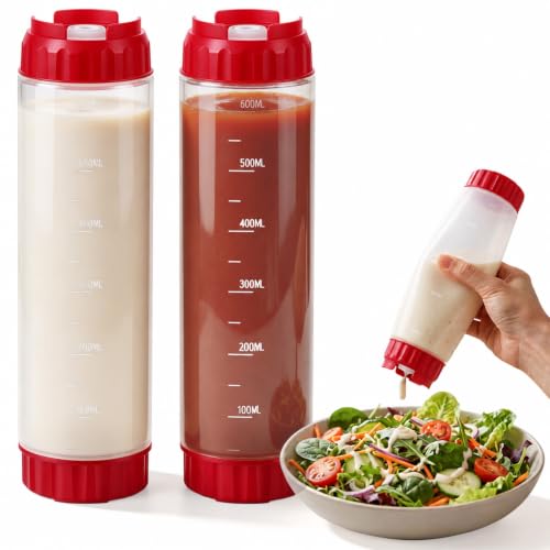 Grevosea 2 Pcs 24 oz Inverted Squeeze Bottles, Valve Condiment Dispenser - color: Red, size: 24 Ounces