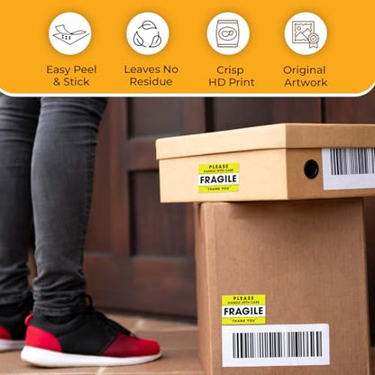 StickerJet Fragile Handle with Care Stickers Roll – (500 Labels, 2"x3") Bright Shipping and Packaging Labels with Strong Adhesive (Yellow) - size: 2"x3"