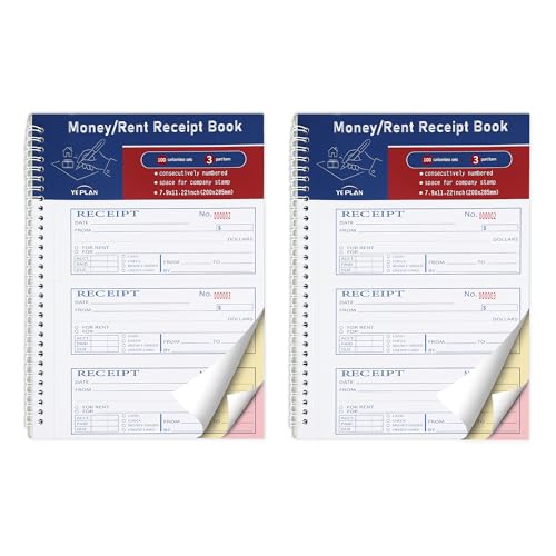 2Pcs,Money Rent Receipt Book,7.9x11.22 Inches,Receipt Book with Carbon Copies,3 Part Carbonless,Cash Receipt Book,100 Sets per Book - size: 7.9x11.22 inches, style: 2Pcs-3Part