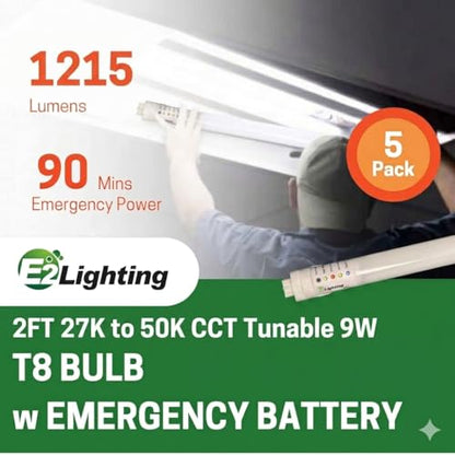 E2 LIGHTING 2Ft T8 LED Emergency Tube, 9W, 5 Pack, 120 to 277V, 1215 Lumens - color: Tunable 2700k-5000k, size: 2 Feet