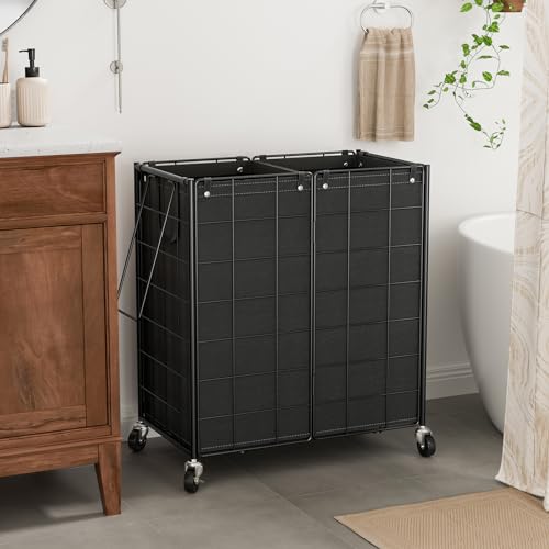 WOWLIVE Double Laundry Hamper with Wheels, Metal Rolling Laundry Basket - color: Black, size: 120l