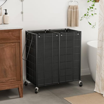 WOWLIVE Double Laundry Hamper with Wheels, Metal Rolling Laundry Basket - color: Black, size: 120l
