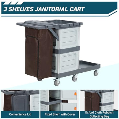 Rolling Cleaning Cart for Housekeeping, Commercial Janitorial Cart On Wheels with 2 Cabinets, Oxford Bag, Open Shelves, Plastic Housekeeping Cart Service Cart for Business Office