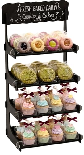 HOTCAN Cookie Display Stand for Bakers & Vendors with Acrylic Front | Wooden Dessert Stand with Chalkboard Sign for Market Booths, Craft Fairs & Events | 4 Tiered Cookie Display for Cupcakes, Muffins & Pastries (Black) - color: Black, size: 4 Tier