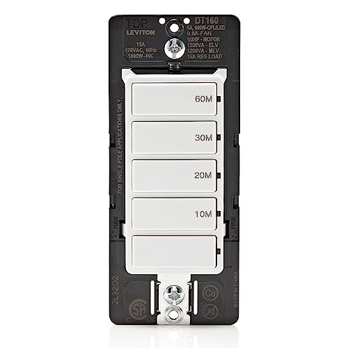 Leviton Countdown Timer Switch for bathroom fan and household lights, 10-20-30-60 min, No Neutral Required, Single Pole, 15A, 1/2HP/9.8A Fan/Motor, DT160-1LW, White - size: 15-Amp, style: 10-20-30-60 min, No Neutral Required