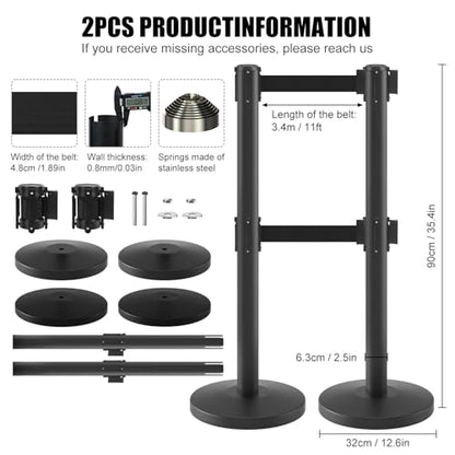 kaiyomi 2 Pack Stanchions with Retractable Barriers Double Layer (Black) - color: Black-Double