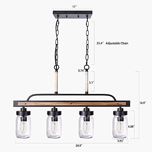 Wellmet Farmhouse Dining Room Chandelier, Black Mason Jar Chandelier Lighting Fixture for Kitchen Island, Dining Table, Rustic Linear Cluster Hanging Pendant Light, Faux Wood with Glass Shade
