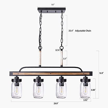 Wellmet Farmhouse Dining Room Chandelier, Black Mason Jar Chandelier Lighting Fixture for Kitchen Island, Dining Table, Rustic Linear Cluster Hanging Pendant Light, Faux Wood with Glass Shade
