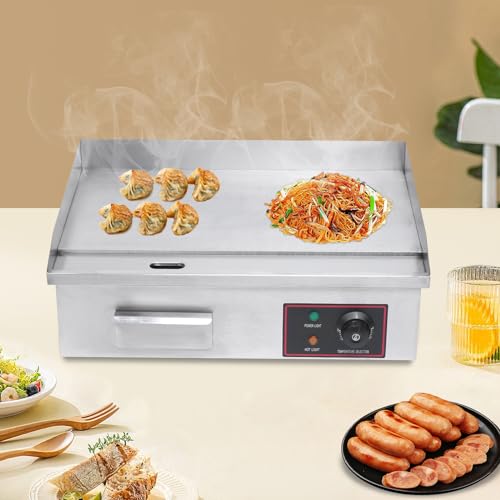 Commercial Electric Griddle, 21"x12" Teppanyaki Grill 1600W Electric Flat Top Heavy Duty Grill, 122-572°F Stainless Steel Countertop Griddle w/Drip Hole & Non-Stick Cooking Plate for Restaurant use